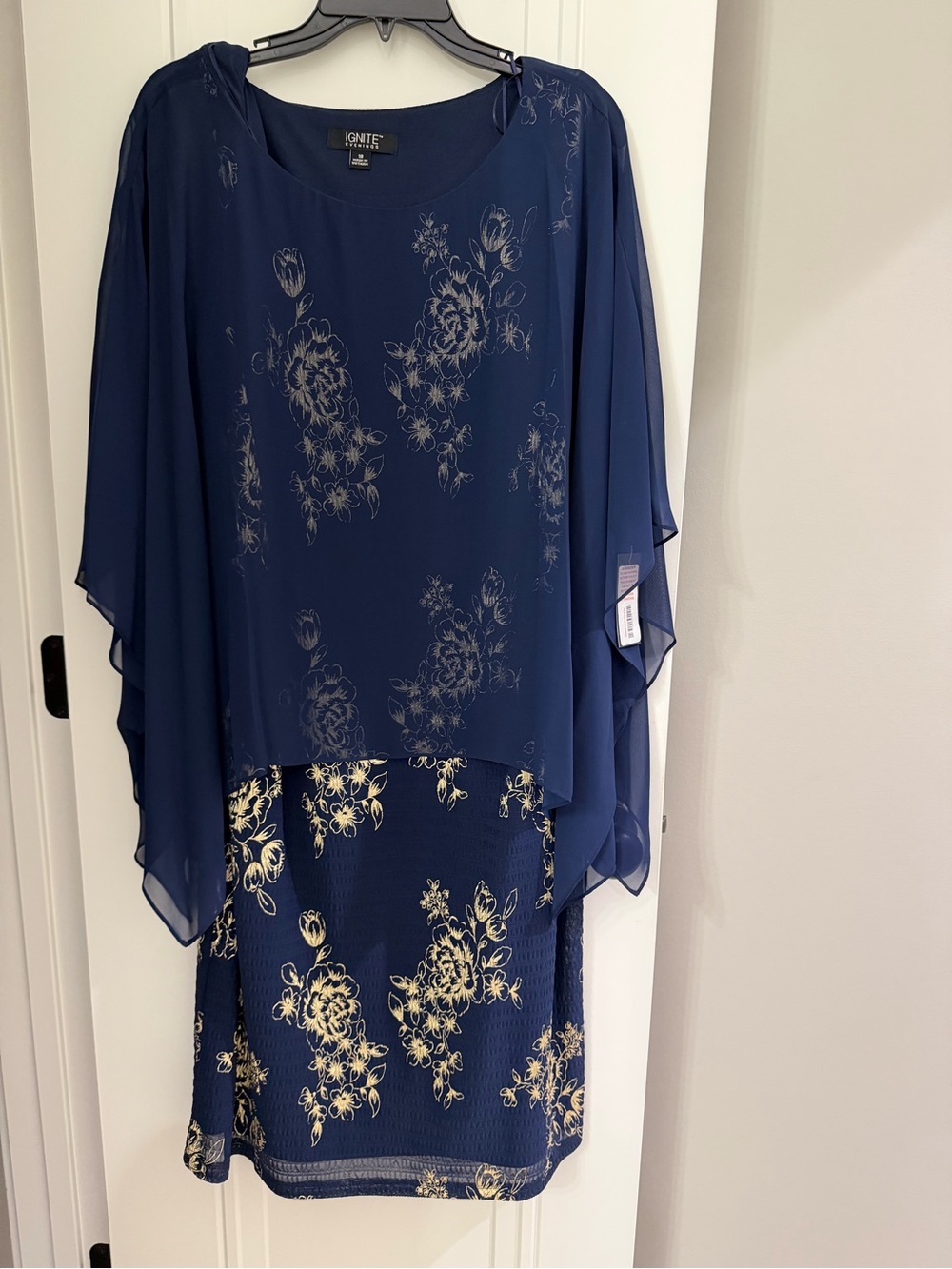 Ignite Navy Blue Floral Midi Dress with Gold Accents
